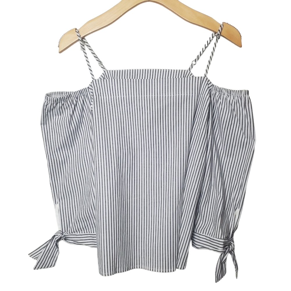 Anthropologie Guest Editor | Cold Shoulder Blouse | Blue White Stripes Cotton